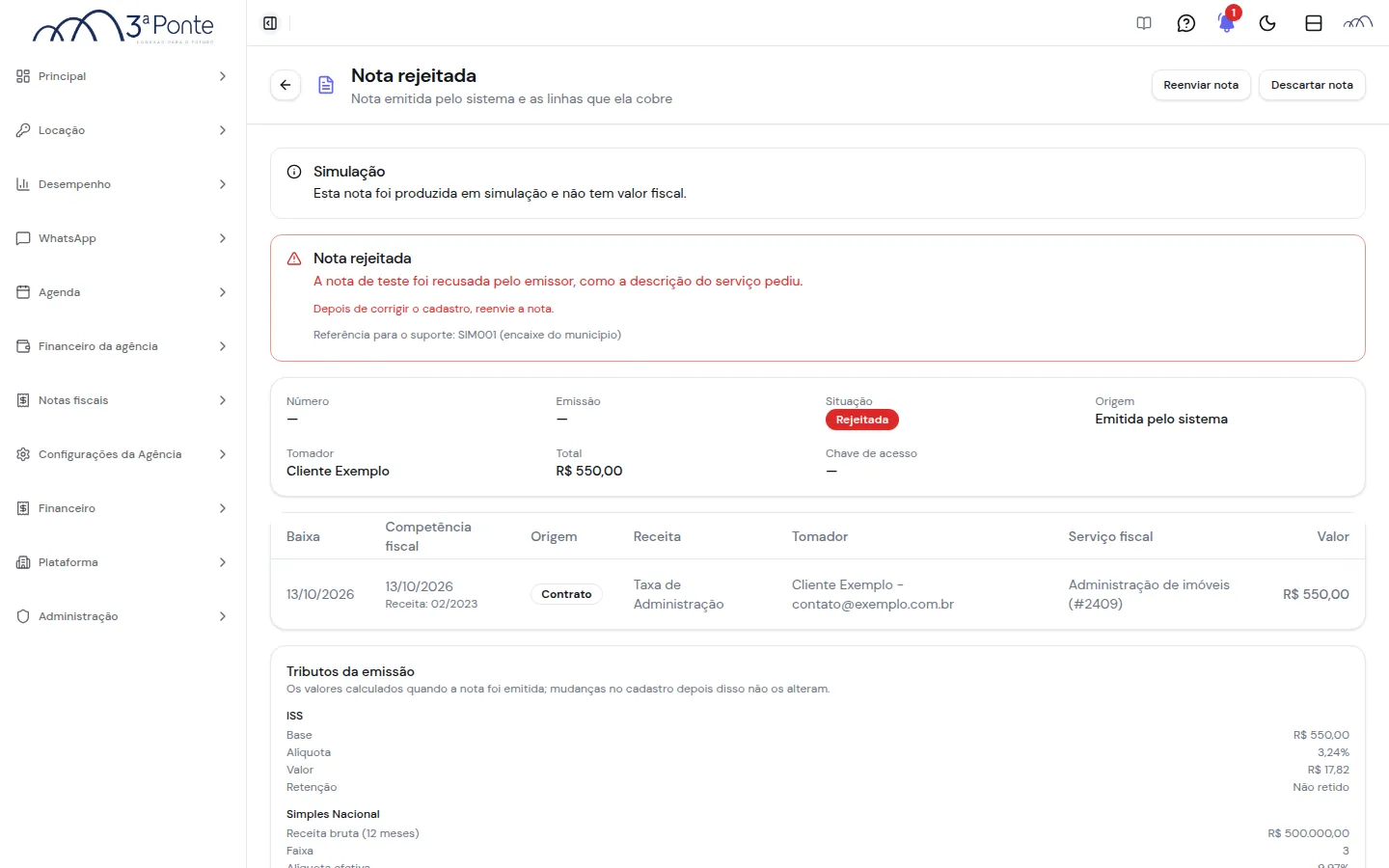 Ficha de uma nota rejeitada com a mensagem da recusa, a orientação de reenviar e a Referência para o suporte, e os botões Reenviar nota e Descartar nota