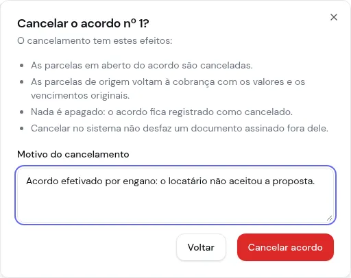 Diálogo Cancelar o acordo com os efeitos do cancelamento e o motivo