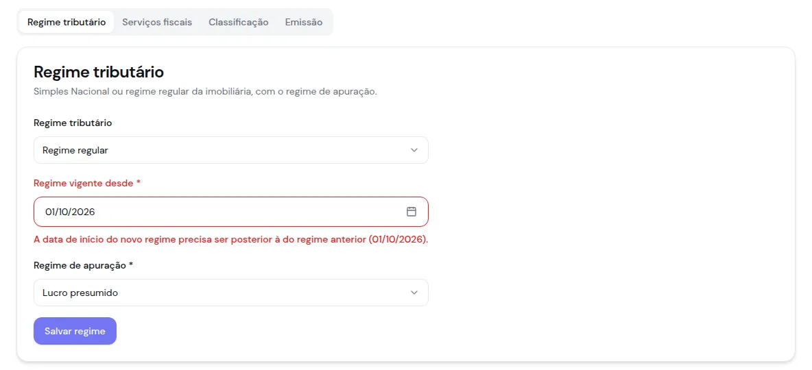 Aba Regime tributário com o Regime regular escolhido no lugar do Simples Nacional, o campo Regime vigente desde com a mensagem de que a data precisa ser posterior à do regime anterior e o regime de apuração Lucro presumido