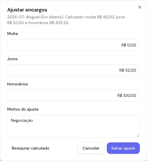 Diálogo Ajustar encargos com multa, juros, honorários e motivo