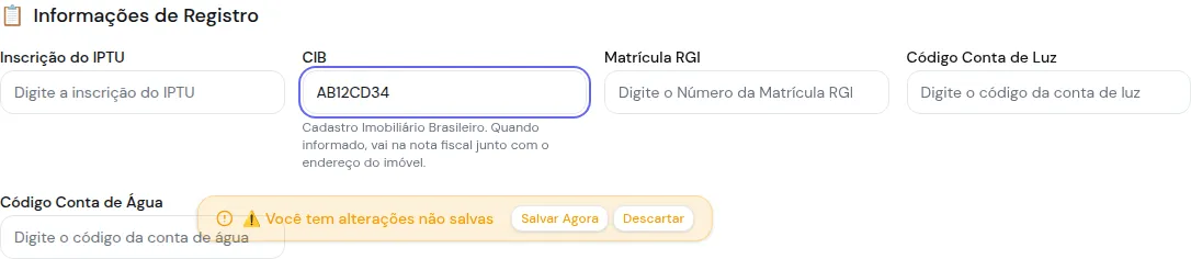 Aba Financeiro do imóvel com o campo CIB preenchido ao lado da inscrição do IPTU e o texto de ajuda: quando informado, vai na nota fiscal junto com o endereço do imóvel