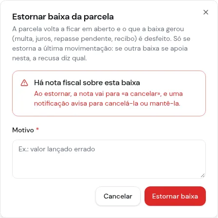 Janela Estornar baixa da parcela com o aviso Há nota fiscal sobre esta baixa