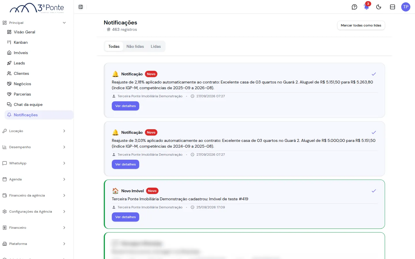 Tela de notificações com abas, avisos de reajuste e imóvel novo e botão de marcar como lidas