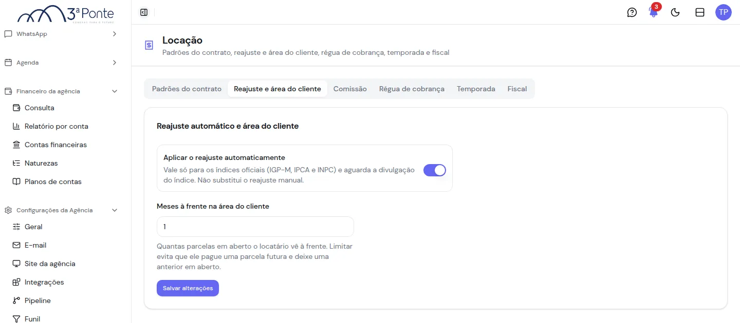 Configuração de reajuste automático e meses à frente na área do cliente